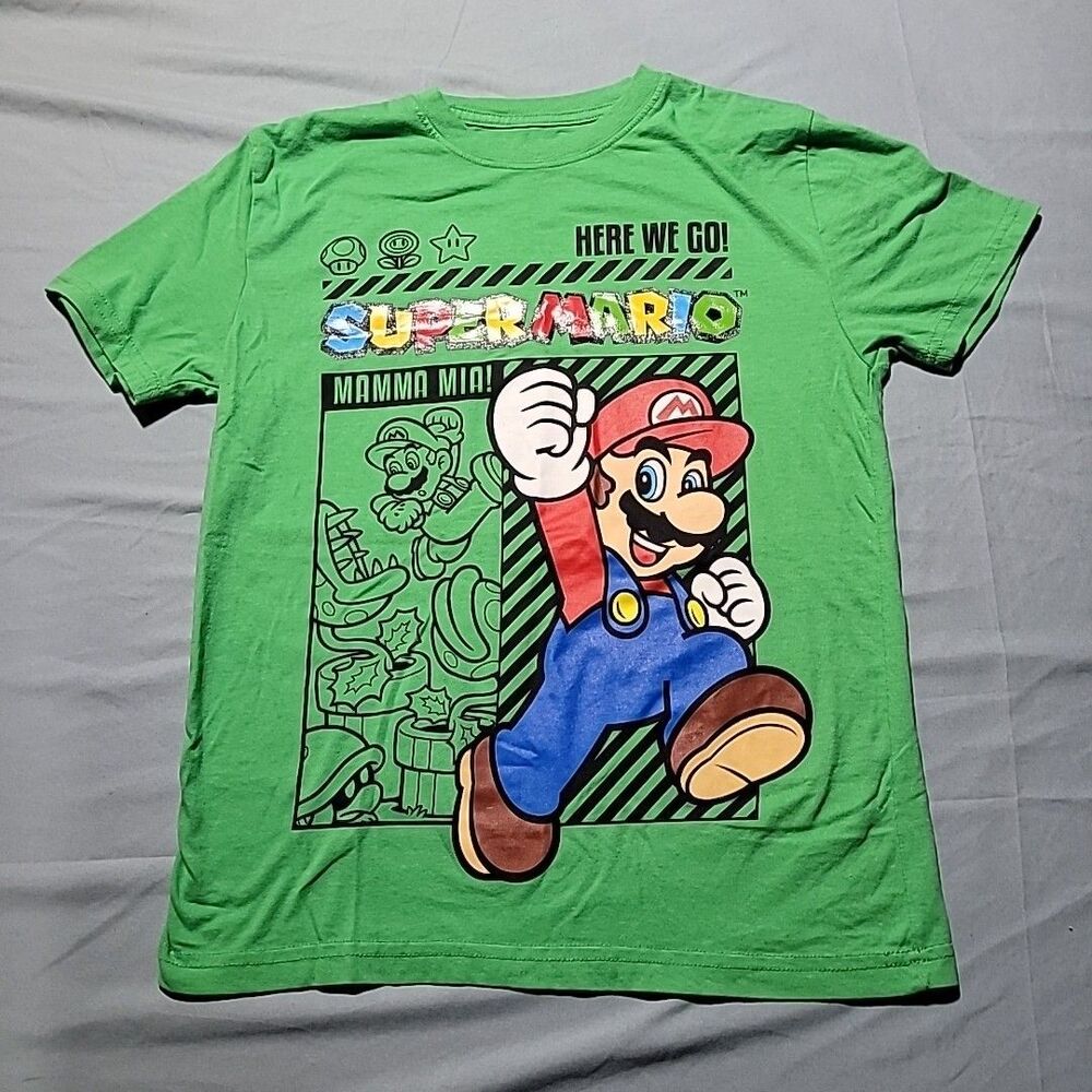 Super Mario Brothers Here We Go! Mamma Mia! Green Graphic T-shirt Youth Sz 14-16